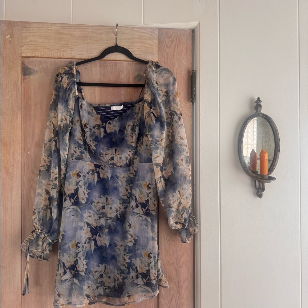 Lush Sheer Floral Peasant Blouse in Blue and Cream